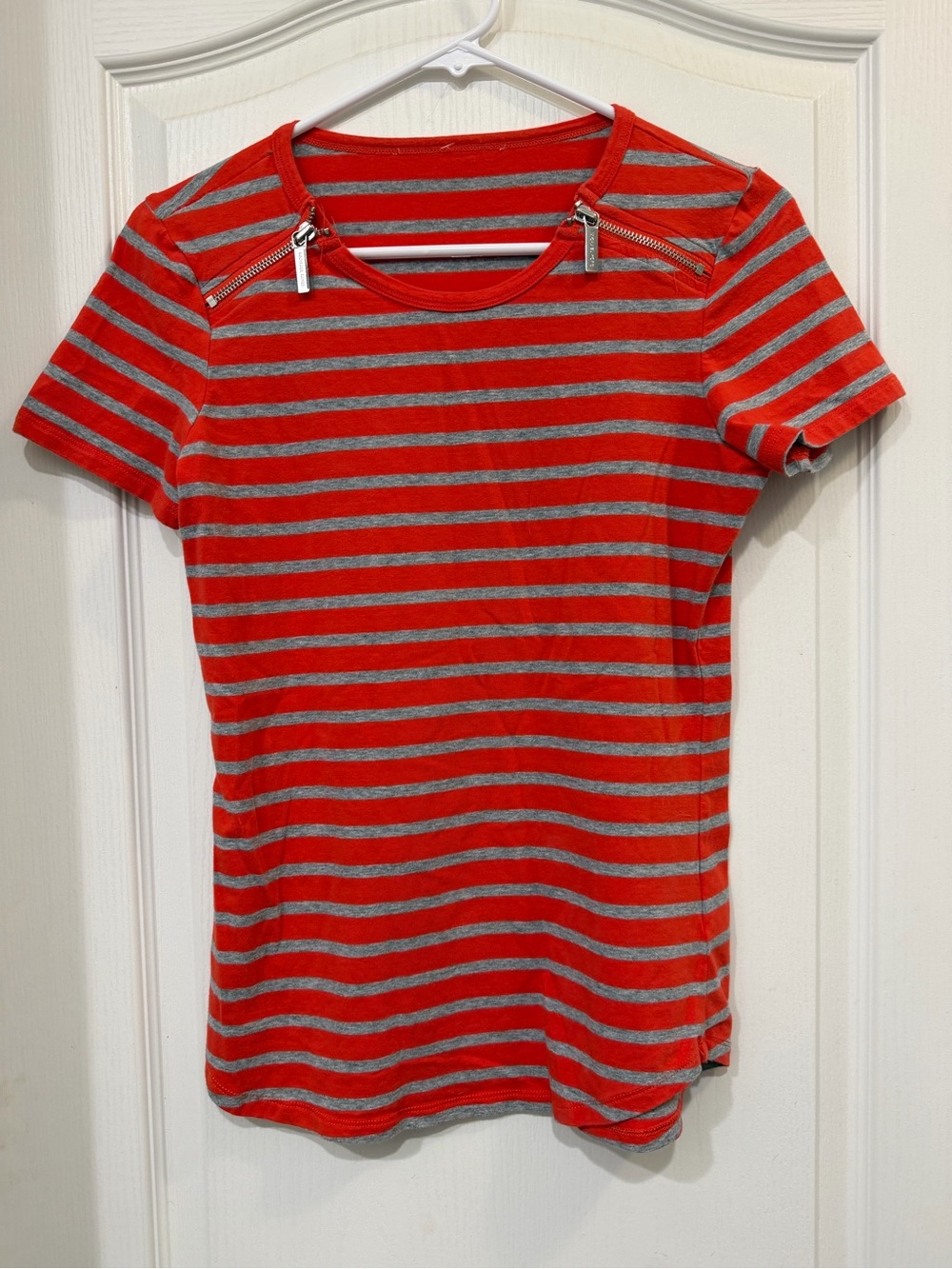 Michael Kors Red Gray Striped Zip Shoulder Short Sleeve Tee